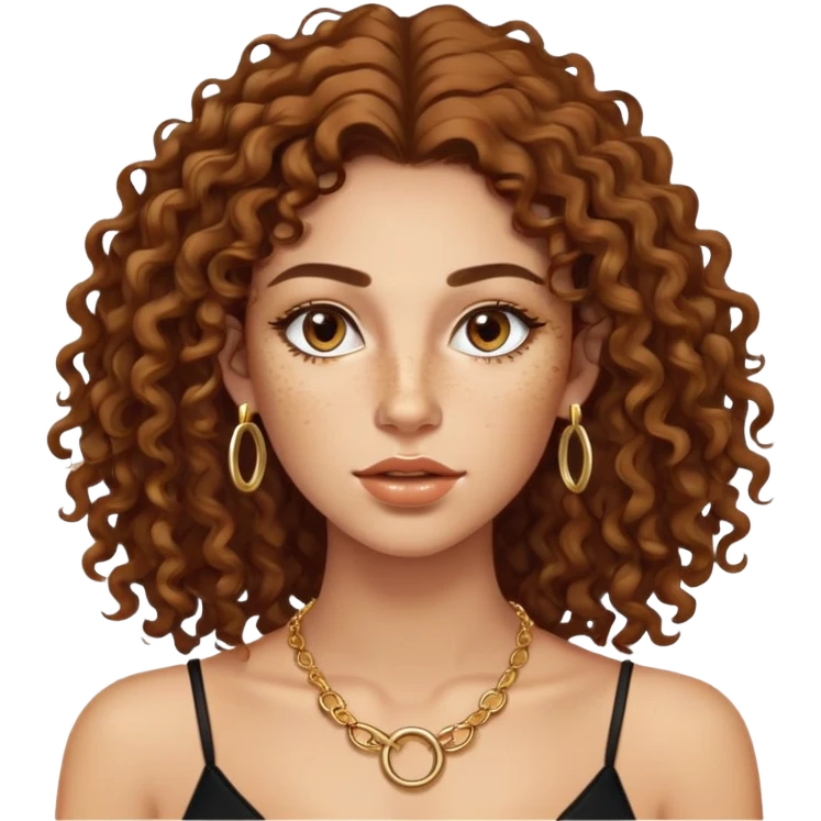 Attractive Greek woman with freckles, long curly hair, gold hoop earrings, small necklace, and lip liner on her lips emoji