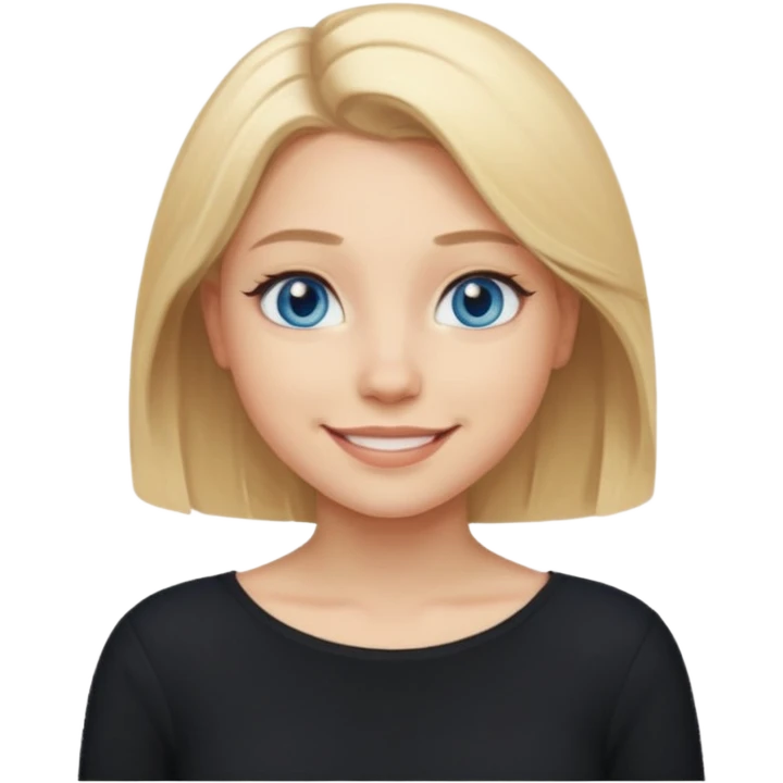 a new character a girl with shoulder length blonde hair wearing black clothes and wearing a cheeky smile she has blue eyes emoji