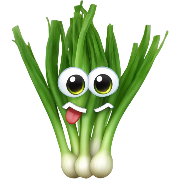 Cheerful green onion with big expressive eyes, a wide smile, and a few green stalks on top. Designed in a cute, cartoonish style with vibrant colors. emoji