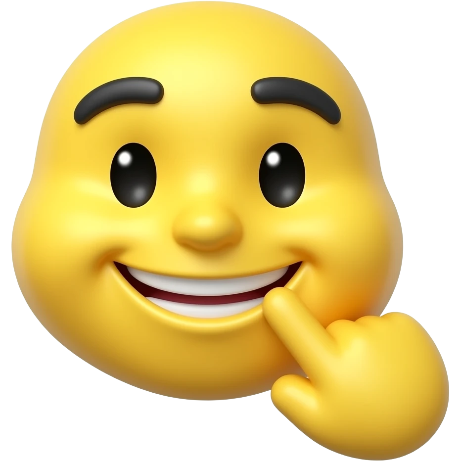 A classic 3D glossy yellow emoji face. The emoji has a playfully smirk, and is biting its own index finger in a teasing, flirty way, almost with a smile. Clean solid white background, high-quality vector 3D render. emoji
