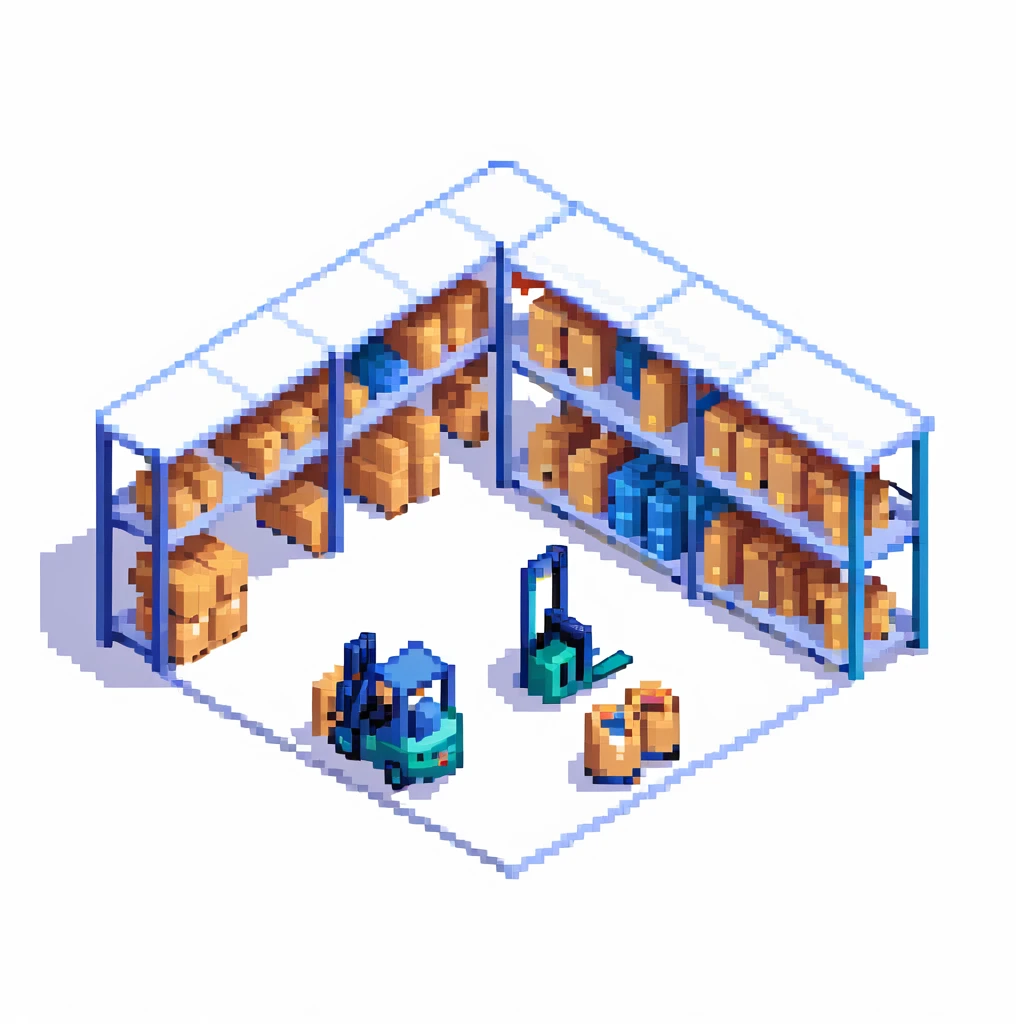 Single story warehouse in isometric perspective with forklift and storage racks emoji