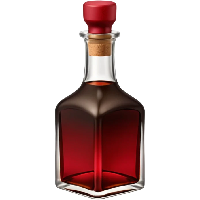 balsamic vinegar bottle, elegant glass, dark brown to ruby, round or square base, slender neck, cork or metallic cap, dark glass, reflections, 3D clean style, transparent background, optimized for emoji size emoji