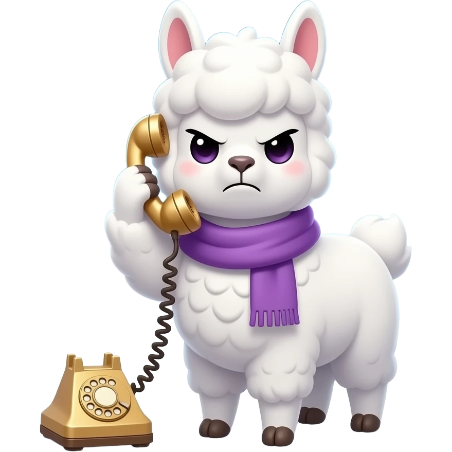 White chibi alpaca (style of image_1.png) in purple scarf, intensely angry scowling face, one hoof holding a vintage rotary phone to its ear, "WTF!" speech bubble above head, epic cloudy Makoto Shinkai sky background, dramatic lighting, anime style. emoji