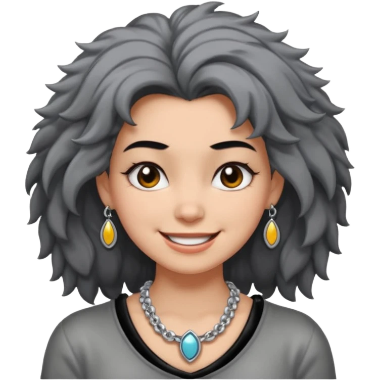 Female with very big Silver Necklace, grey skin,Black full fuzzy hair, more bright silver,highlight necklace, different expressions. emoji