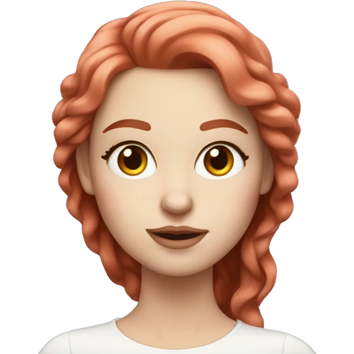 Woman with a white skin that has wavy Long hot red hair and brown eyes with an eyeliner and lashes coding on a pink macbook emoji