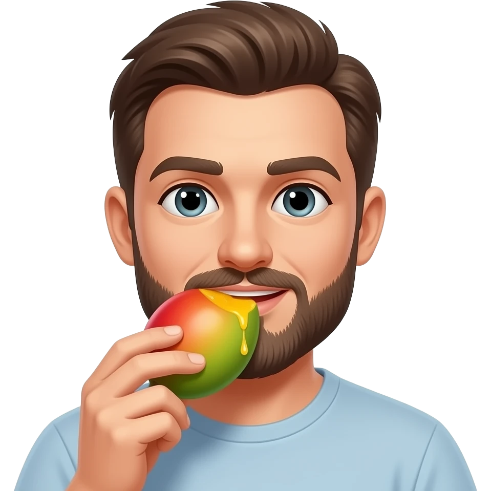 a white man with a beard and an V hairline eating a mango emoji