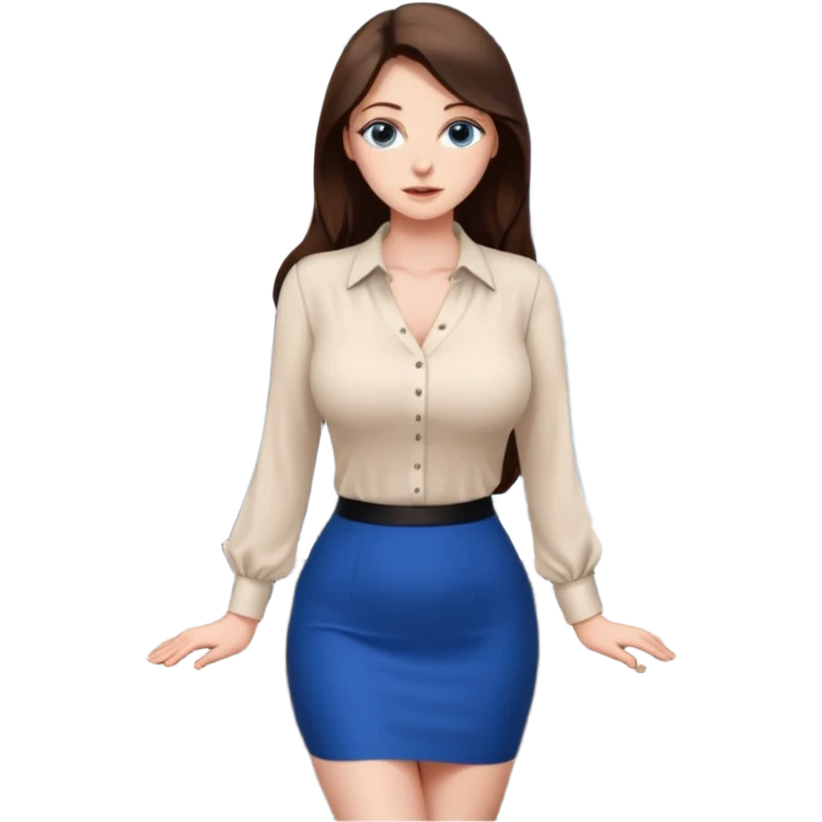 sexy woman brunette, very large breasts, pale skin, blue eyes, long brown hair, tight white blouse, short black skirt. office.  emoji