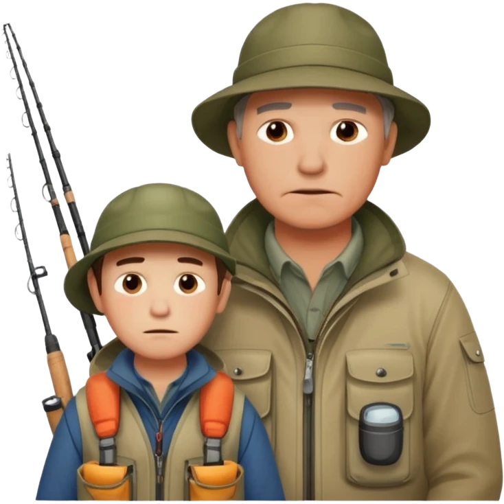 Father and son in fishing gear gesturing that they are cold emoji
