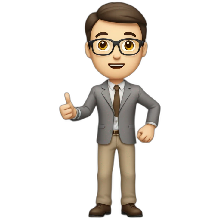 To belt Actively gesturing with hands Pale skinned fit man teacher with dark brown hair in gray jacket, beige office shirt, brown tie, brown pants and vintage glasses. emoji