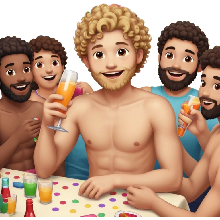 A shirtless young man with curly hair and a beard sits at a party table, smiling tipsy and amused. He’s holding a rubber dildo with a playful, surprised look. Friends laugh around him, drinks and party vibes in the background. emoji