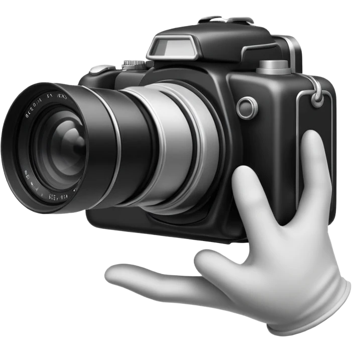 Minimalist emoji-style sticker of a photo camera ejecting a photo, but a hand comes out instead. Black and white, surreal icon.
 emoji