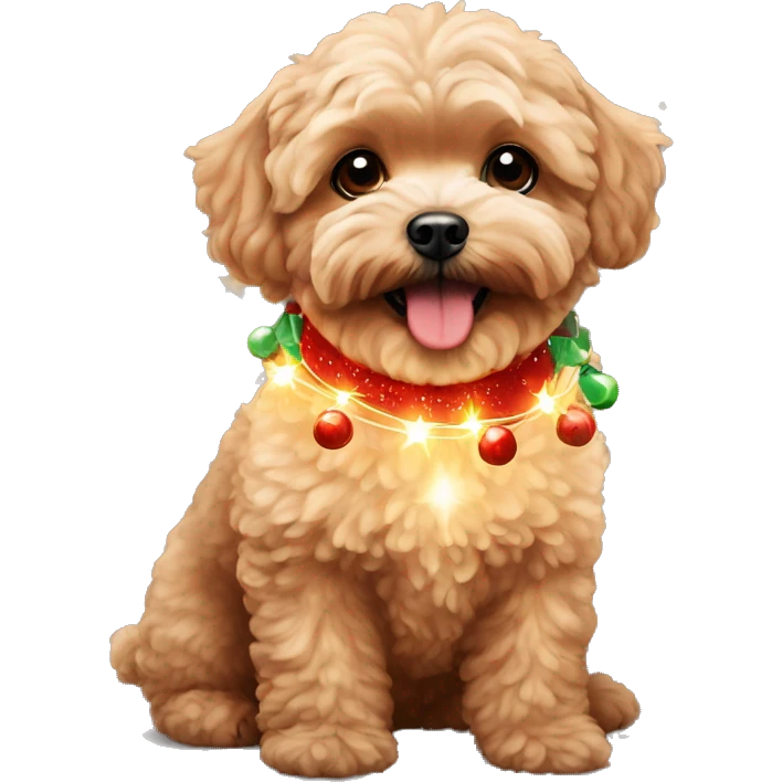 Red maltipoo with Christmas lights decorated around its neck emoji