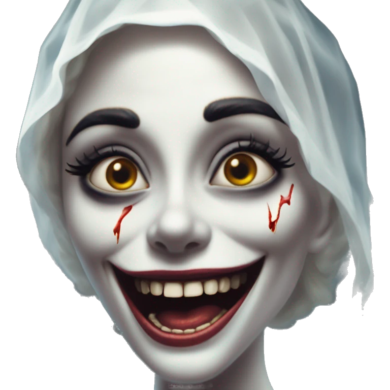 Laughing undead bride in Uncle Scrooge style, oil paint, mysterious eyes, intricate lips, masterpiece pose, odd perspective, beautiful, desirable, logical emoji