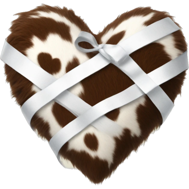 Cowhide fuzzy heart with white ribbon around it emoji