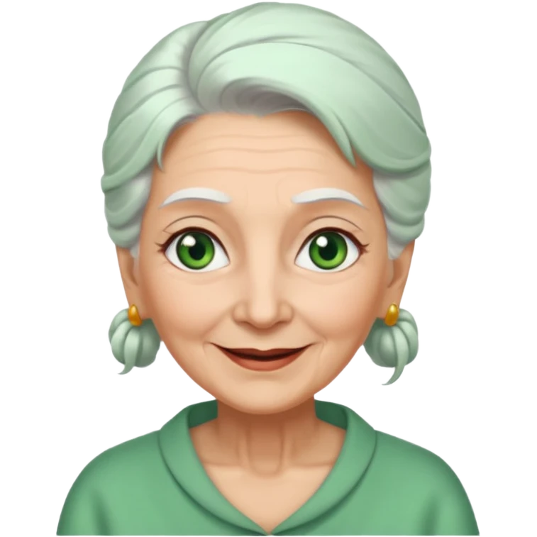 abuela con ojos verdes, pelo blanco, pelo blanco y amarrado, aspecto feliz emoji
