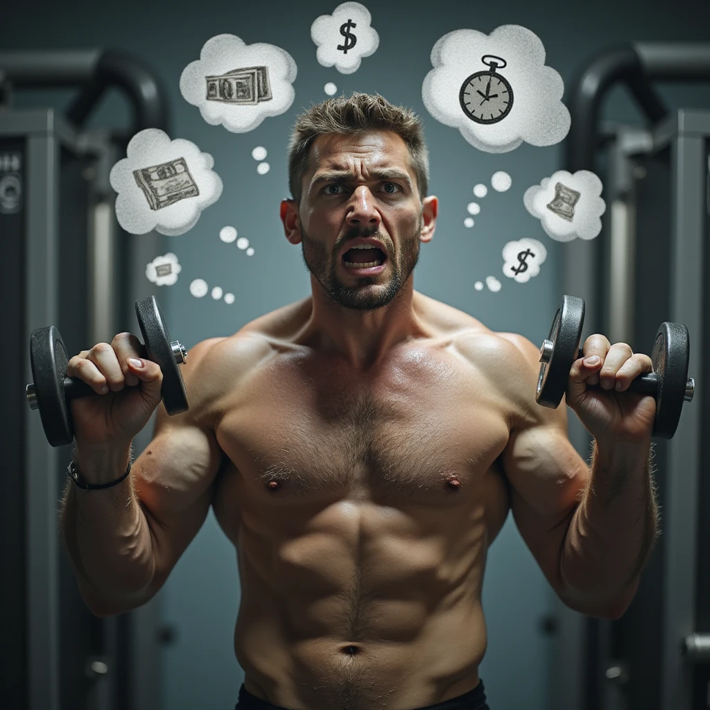 realistic, dramatic; man in gym, average physique, lifting weights, tense and worried face, sweat, eyes with visible stress, background with swirling thought clouds and icons (work, bills, time, relationships), expressive body language, strong sense of mental overload emoji