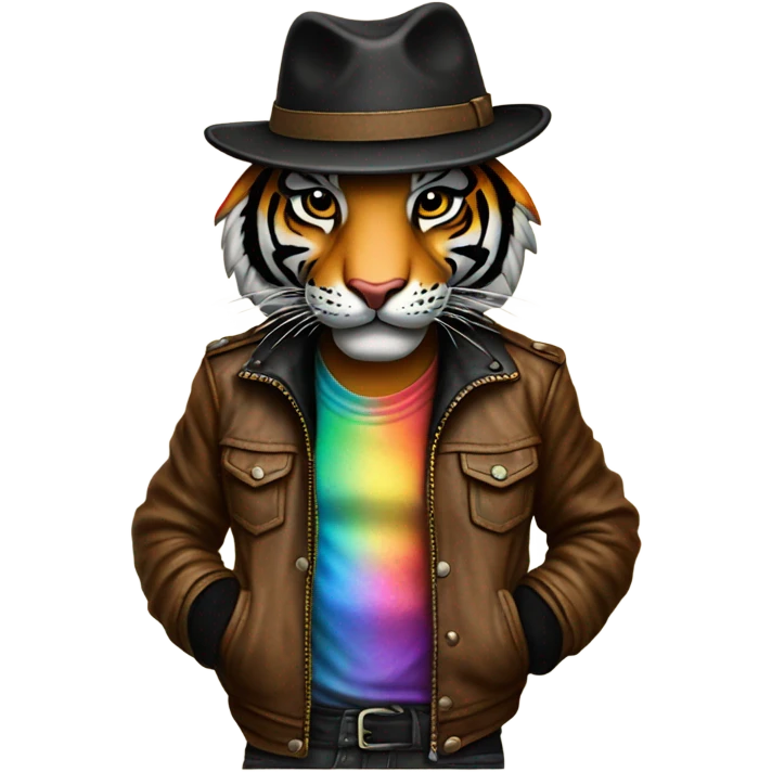 A tiger wearing a leather jacket and fedora with rainbow pajama pants and Black Lives Matter on his wrist as a tattoo emoji