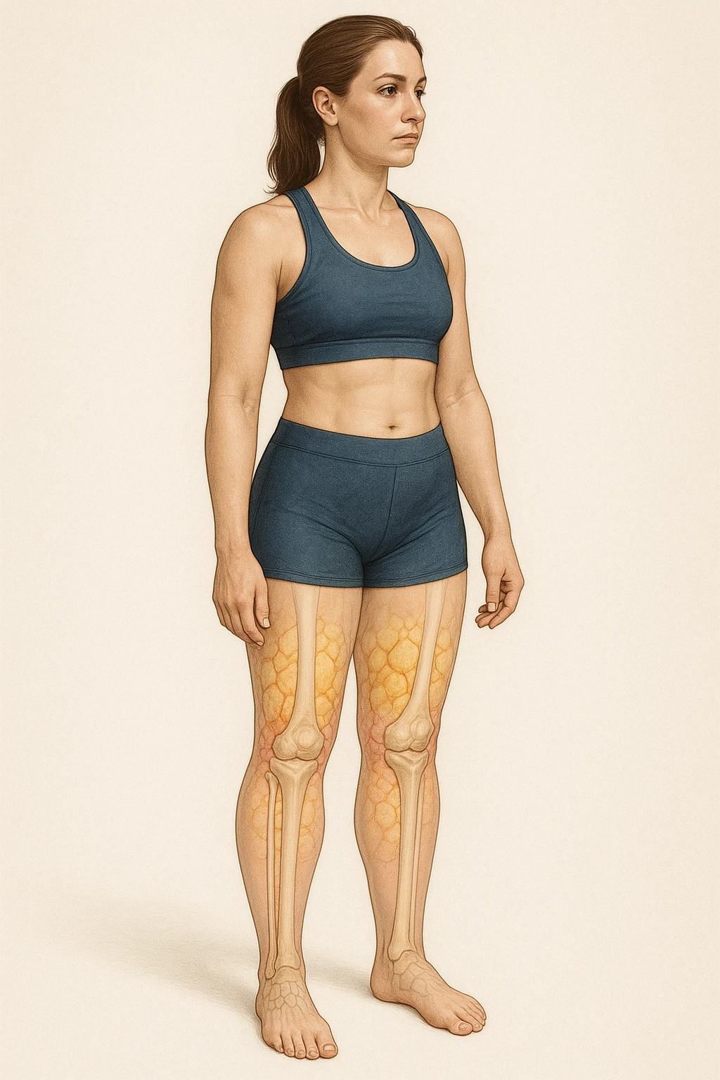 realistic anatomical illustration of a woman in sportswear with transparent section on legs showing fluid accumulation in subcutaneous tissues to highlight water retention, neutral medical style background emoji