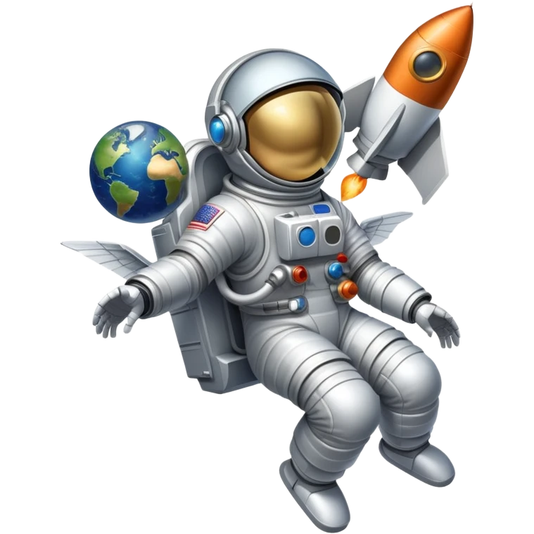 An icon featuring a rocket, a satellite, and an astronaut helmet, symbolizing aerospace technology. The design includes spacecraft, wings, and a planet, representing the exploration of space and aviation advancements. Transparent background. emoji