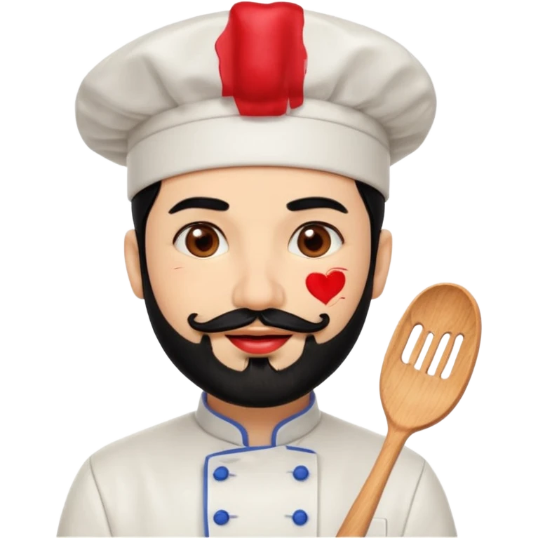 CHEF CON PELO NEGRO Y BARBA NEGRA, OJOS MARRON OSCURO. SONRIE Y TIENE MARCAS DE BESOS CON PINTALABIOS emoji