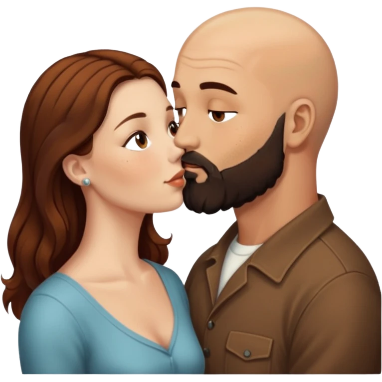 Couple. Bald man with dark brown-black beard. White woman with many small, faded freckles, she has white skin and she has auburn-brown-cinnamon, dark long hair. She has light brown eyes. The man have hazel eyes. Retro style. They kiss. emoji