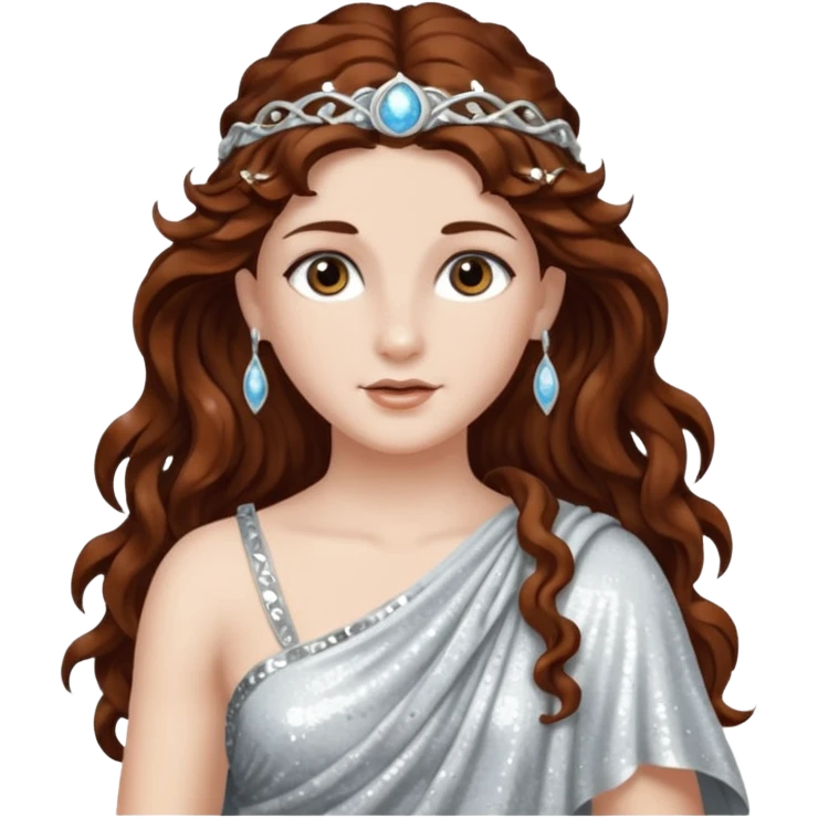Diana, Goddess of Moon from Roman Deities with long dark auburn wavy hair, silver sequin toga emoji