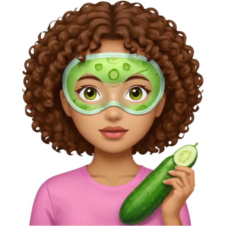 lightskin girl having a spa day with green skincare facemask and cucumbers on her eyes and brown curly hair and a pink shirt  emoji