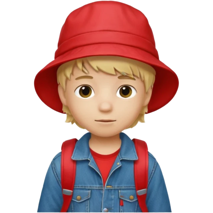 A little boy student, blonde hair, with red bucket hat, jean jacket, backpack emoji