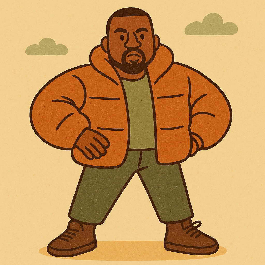 cartoon style Kanye West wearing oversized jacket, bold pose, vibrant colors emoji