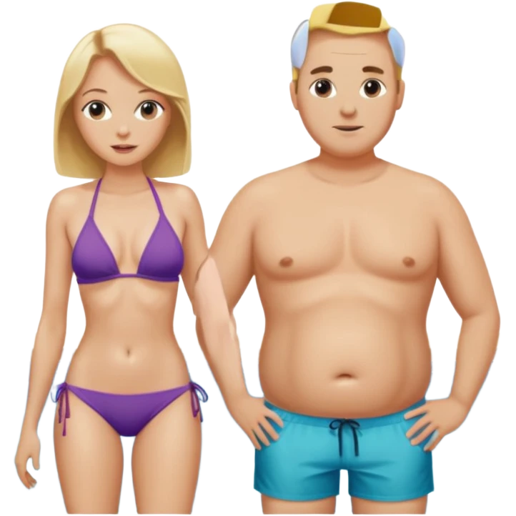 Emoji, 2 alte personen an der poolbar: 1x Frau sehr schlank mit mittellangem, blondem Haar, Bikini/ 1xMann: dicker Bauch, Halbglatze, Badeshorts.  emoji