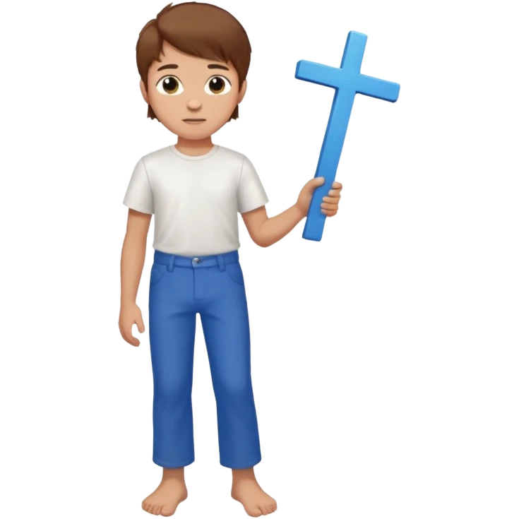Niño con cabello castaño pantalón azul camisa blanca con una cruz pequeña en la mano descalzo sin zapatos  emoji
