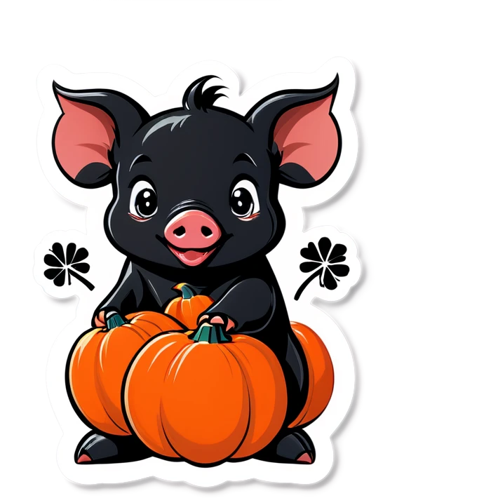 A black piglet holding 4 pumpkins with “luck” written on it. emoji