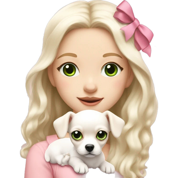 pale blond yt girl with wavy long platinum white hair with bright green eyes holding a white chihuahua puppy that wearing a pink bow emoji