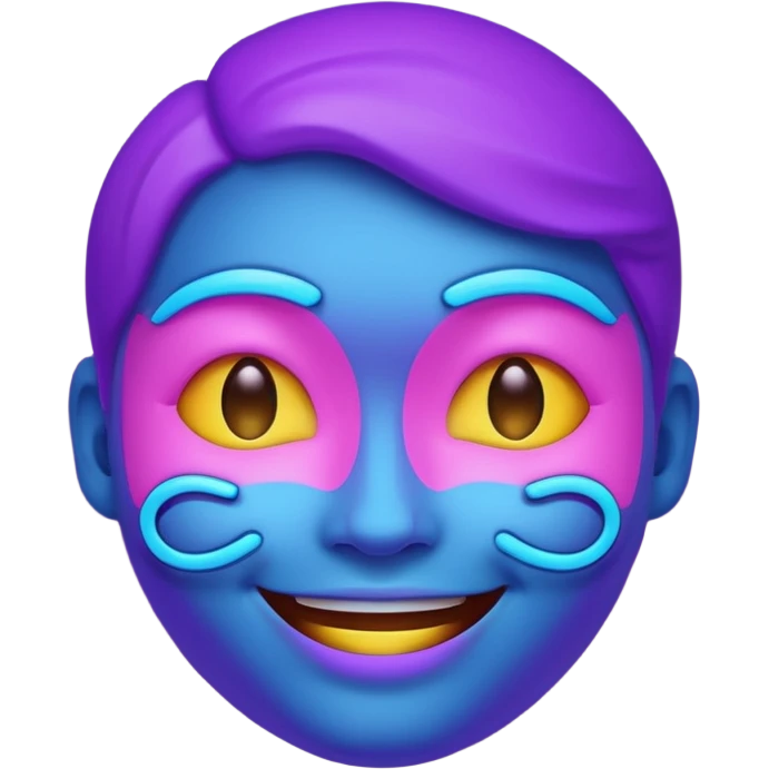 glowing face emoji, smiling, purple and blue neon color, dark background emoji