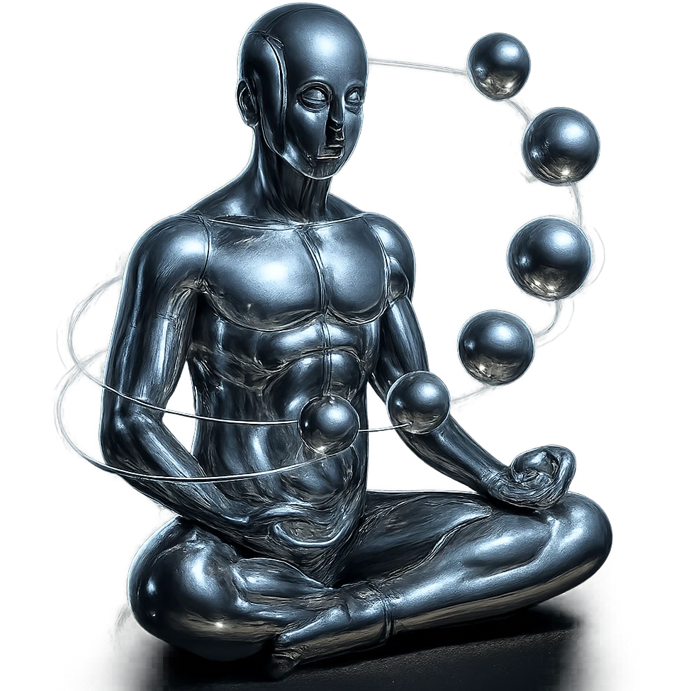 Add a glowing aura around the stylized chrome meditating figure and the spiraling spheres, keep the style futuristic and smooth, no background. emoji