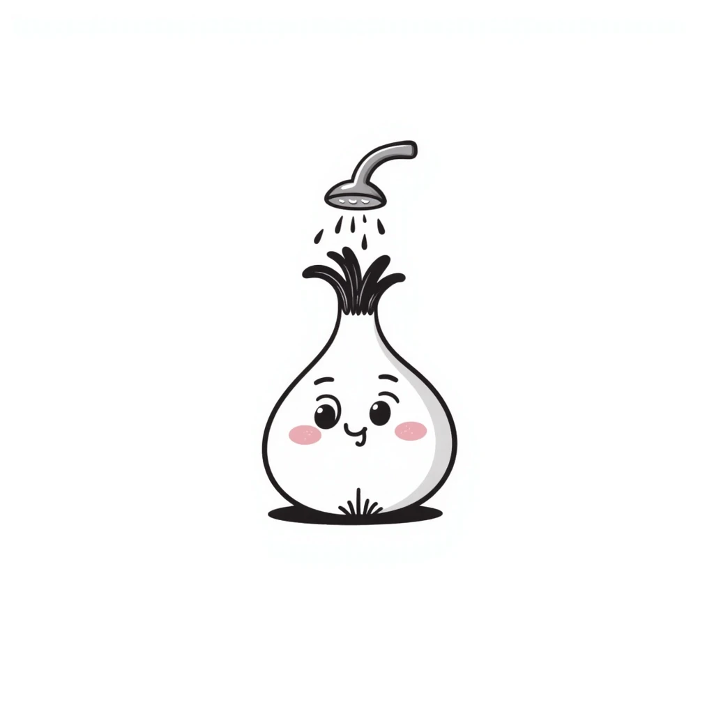 adorable onion with blushing pink cheeks under showerhead, shy expression, water drops emoji