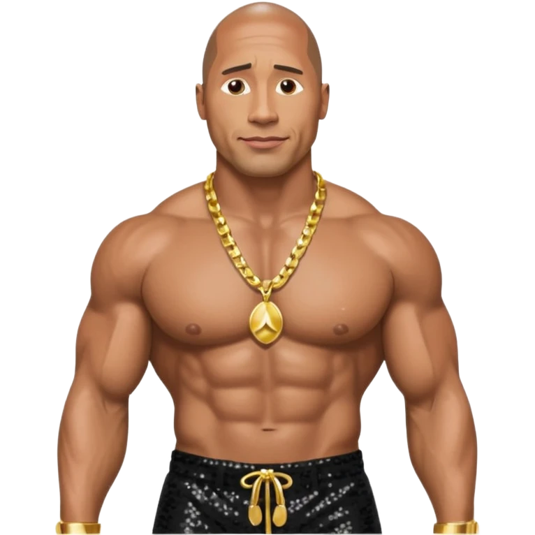Dwayne Johnson with black sequin baggy pants, shirtless with necklace emoji