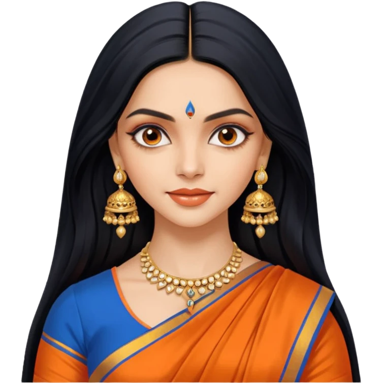 generate a pretty bratz Deepika Padukone with long black hair middle parted.
Wearing an orange saree with a blue blouse, golden jhumkas
 emoji