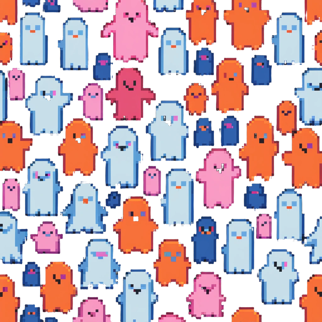 The four classic Pacman ghosts (red, pink, blue, and orange) lined up together emoji