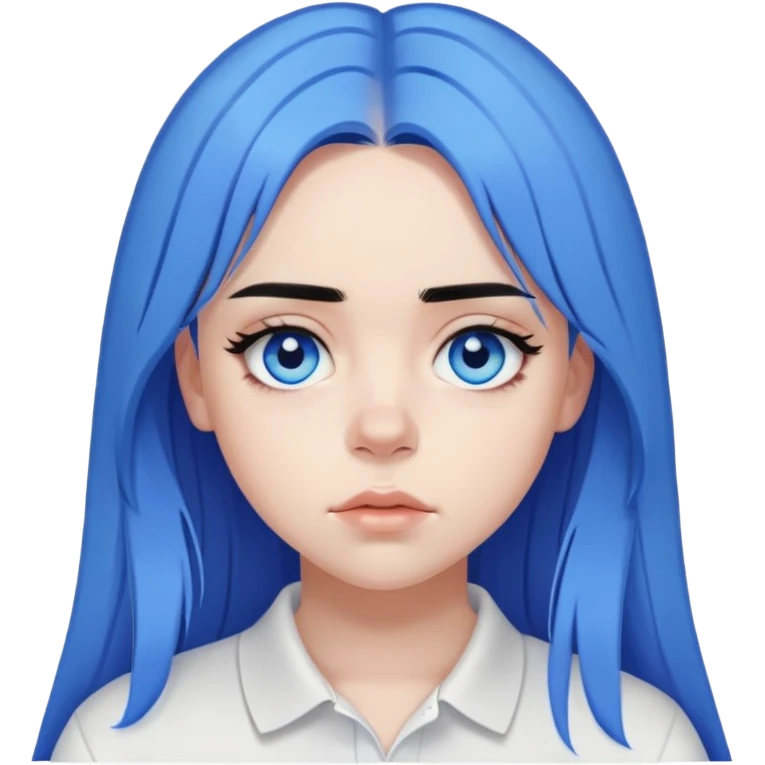 billie eilish long black hair blue eyes dark eyeliner makeup, wearing white polo shirt emoji