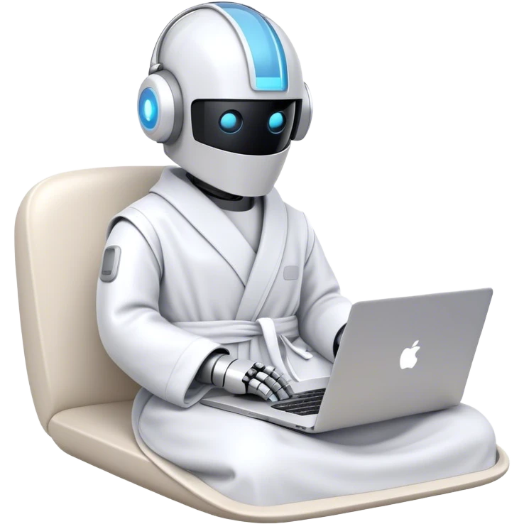 Emoji of a remote-working robot in a cozy smooth bathrobe with a laptop. The robot has a sleek helmet-like head with LED digital eyes. Relaxed yet high-tech vibe. emoji