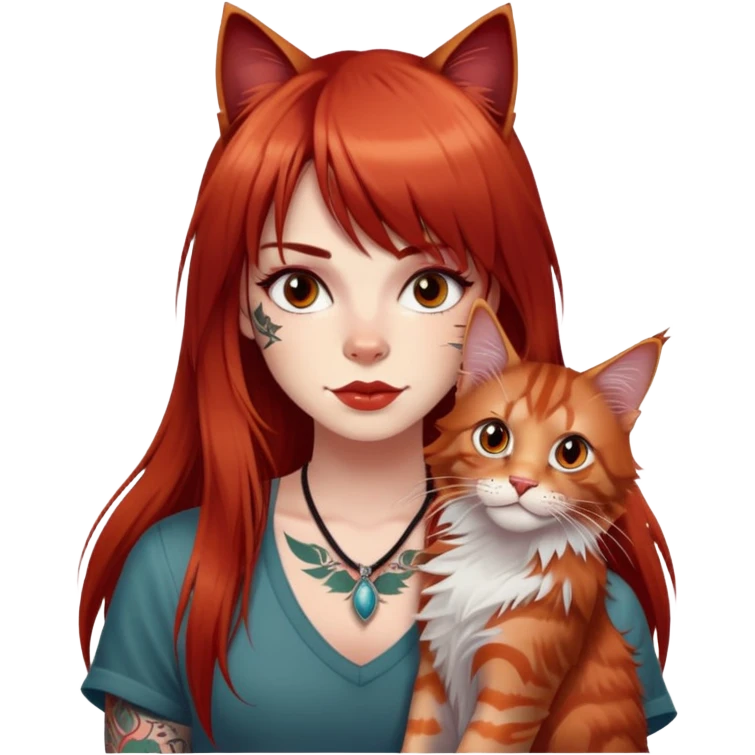 girl with long red  straight bangs hair and tattoos and a Maine Coon emoji