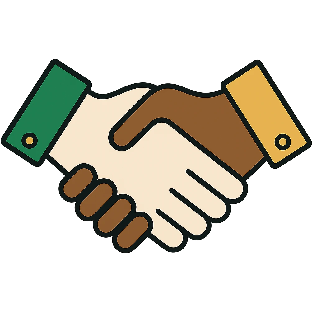 Edit the image to depict one Caucasian hand and one African American hand shaking with thinner black outlining. Use a professional style with a green, white, and gold color scheme. The design should be minimalistic with clean lines, with no background. emoji