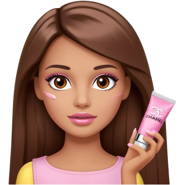 Barbie girl a brown long Straight hair and brown eyes is In pale pink smears by hand cosmetic cream Chanel on her face emoji