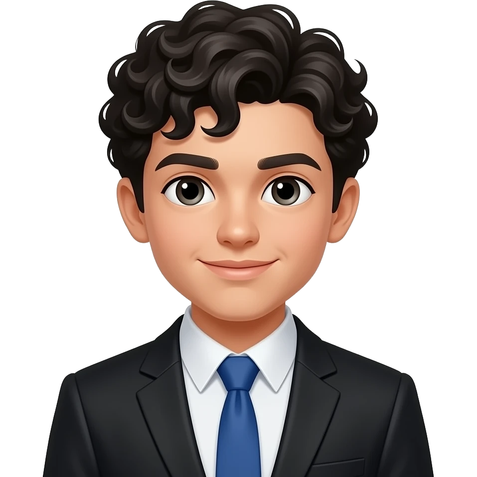 A white boy with black haired curly hair, black blazer, blue tie and white shirt emoji