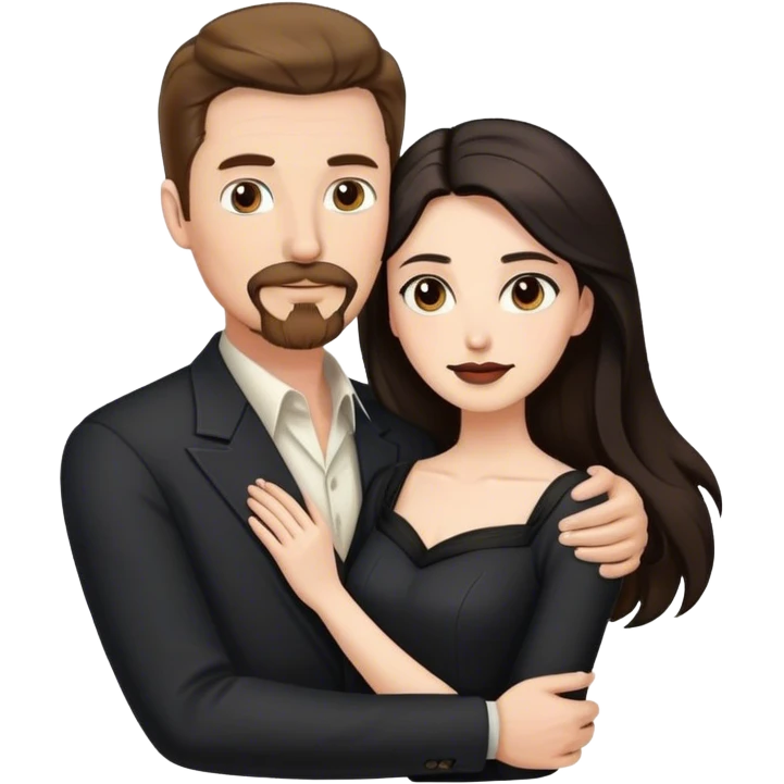 tall white man with brown hair goatee mustache embracing a pale woman with long black hair, wearing elegant clothing emoji
