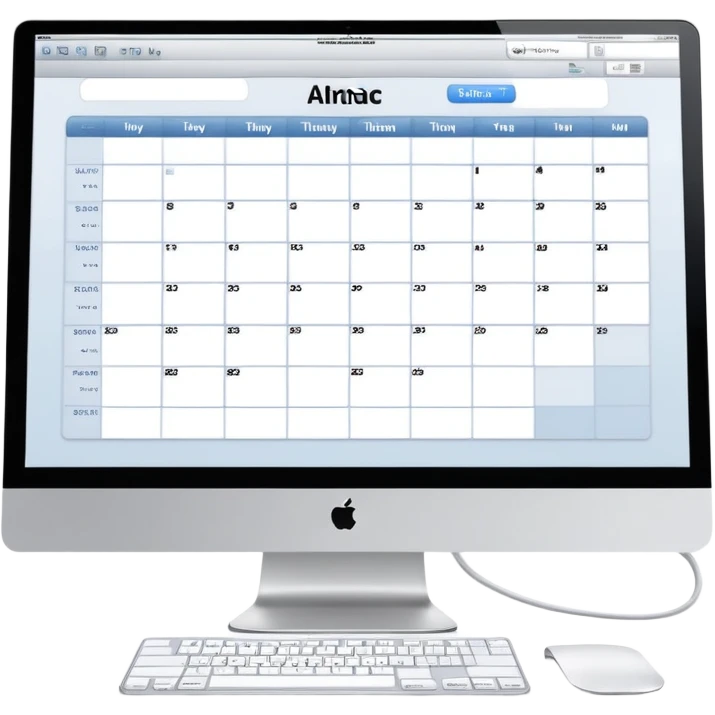 front-facing iMac showing a day schedule with vertical hours (9am, 10am, 11am) and horizontal client slots, some slots clearly booked emoji