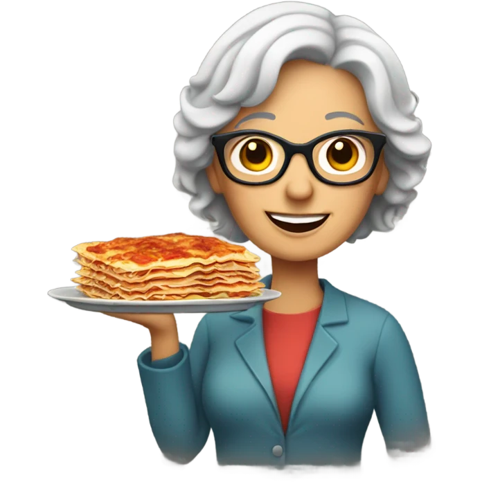 Lady with gray hair and glasses holding lasagna emoji