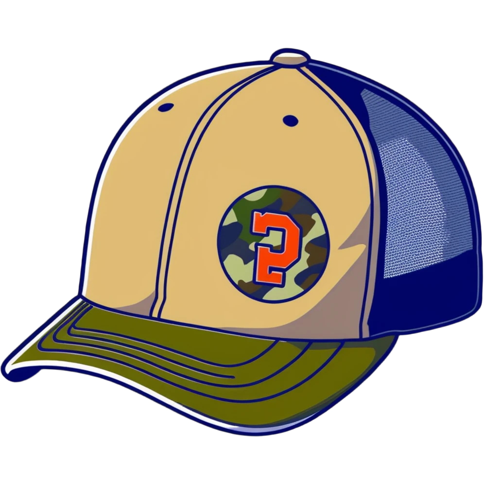 camo trucker hat with ian charms logo emoji