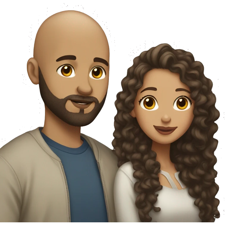 Kissing moment, bald light skin man, brown beard, light skin girl, long black curly hair emoji